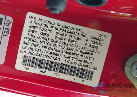 2015 Honda Civic Si from USA, damaged, VIN 2HGFG4A57FH700031